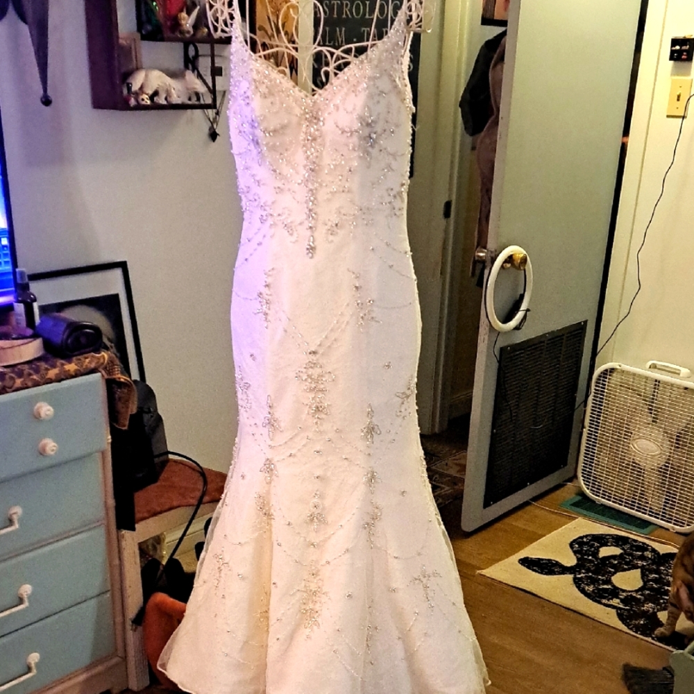 Symphony Of Venus Spaghetti Strap Beaded Wedding Gown With Lace, Train Medium